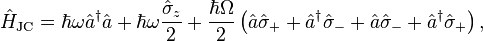 \hat{H}_{\text{JC}} = \hbar \omega \hat{a}^{\dagger}\hat{a}
+\hbar \omega \frac{\hat{\sigma}_z}{2}
+\frac{\hbar \Omega}{2} \left(\hat{a}\hat{\sigma}_+
+\hat{a}^{\dagger}\hat{\sigma}_-
+\hat{a}\hat{\sigma}_-
+\hat{a}^{\dagger}\hat{\sigma}_+\right),