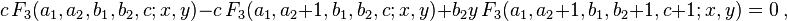 
c \,F_3(a_1,a_2,b_1,b_2,c; x,y) - c \,F_3(a_1,a_2+1,b_1,b_2,c; x,y) + b_2 y \,F_3(a_1,a_2+1,b_1,b_2+1,c+1; x,y) = 0 ~,
