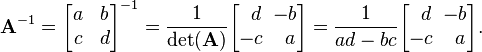 \mathbf{A}^{-1} = \begin{bmatrix}
a & b \\ c & d \\ 
\end{bmatrix}^{-1} =
\frac{1}{\det(\mathbf{A})} \begin{bmatrix}
\,\,\,d & \!\!-b \\ -c & \,a \\ 
\end{bmatrix} =
\frac{1}{ad - bc} \begin{bmatrix}
\,\,\,d & \!\!-b \\ -c & \,a \\ 
\end{bmatrix}.