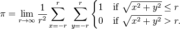 \pi = \lim_{r \to \infty} \frac{1}{r^2} \sum_{x=-r}^{r} \; \sum_{y=-r}^{r} \begin{cases}
1 & \text{if } \sqrt{x^2+y^2} \le r \\
0 & \text{if } \sqrt{x^2+y^2} > r. \end{cases}
