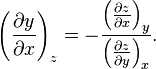 {\left ( \frac{\partial y}{\partial x} \right )}_z = - \frac { {\left ( \frac{\partial z}{\partial x} \right )}_y }{ {\left ( \frac{\partial z}{\partial y} \right )}_x }.