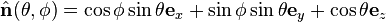 \hat{\mathbf{n}}(\theta,\phi) = \cos\phi \sin\theta \mathbf{e}_x + \sin\phi \sin\theta \mathbf{e}_y + \cos\theta \mathbf{e}_z