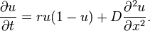  \frac{\partial u}{\partial t}= r u(1-u)+ D \frac{\partial^2 u}{\partial x^2}.\, 