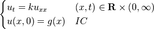 \begin{cases} u_{t}=ku_{xx} & (x, t) \in \mathbf{R} \times (0, \infty) \\ 
u(x,0)=g(x) & IC \end{cases} 