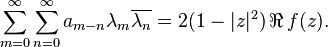 \sum_{m=0}^\infty\sum_{n=0}^\infty a_{m-n} \lambda_m\overline{\lambda_n} = 2(1-|z|^2) \,\Re\, f(z).