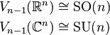 \begin{align}
V_{n-1}(\mathbb R^n) &\cong \mathrm{SO}(n)\\
V_{n-1}(\mathbb C^n) &\cong \mathrm{SU}(n)
\end{align}