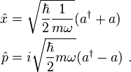 \begin{align}
  \hat x &=  \sqrt{\frac{\hbar}{2}\frac{1}{m\omega}}(a^\dagger + a) \\
  \hat p &= i\sqrt{\frac{\hbar}{2}m\omega}(a^\dagger - a) ~.
\end{align}