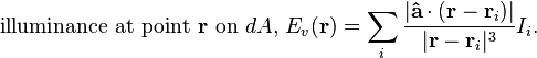  \text{illuminance at point } \mathbf{r}\text{ on } dA\text{, } E_v(\mathbf{r}) = \sum _{i}{ \frac{|\mathbf{\hat{a}}\cdot(\mathbf{r}-\mathbf{r}_i)|}{|\mathbf{r}-\mathbf{r}_i|^3} I_i }.