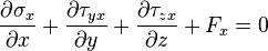 \frac{\partial \sigma_x}{\partial x} + \frac{\partial \tau_{yx}}{\partial y} + \frac{\partial \tau_{zx}}{\partial z} + F_x = 0\,\!