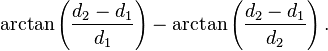 \arctan \left(\frac{d_2-d_1}{d_1}\right) - \arctan \left(\frac{d_2-d_1}{d_2}\right).