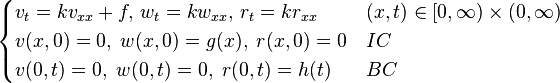 \begin{cases} 
v_{t}=kv_{xx}+f, \, w_{t}=kw_{xx}, \, r_{t}=kr_{xx} & (x, t) \in [0, \infty) \times (0, \infty)  \\ 
v(x,0)=0, \; w(x,0)=g(x), \; r(x,0)=0 & IC\\ 
v(0,t)=0, \; w(0,t)=0, \; r(0,t)=h(t) & BC
\end{cases}