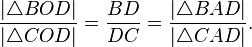 \frac{|\triangle BOD|}{|\triangle COD|}=\frac{BD}{DC}=\frac{|\triangle BAD|}{|\triangle CAD|}.