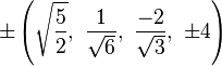 \pm \left({\sqrt {\frac {5}{2}}},\ {\frac {1}{\sqrt {6}}},\ {\frac {-2}{\sqrt {3}}},\ \pm 4\right)