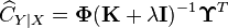 \widehat{C}_{Y\mid X} = \boldsymbol{\Phi} (\mathbf{K} + \lambda \mathbf{I})^{-1} \boldsymbol{\Upsilon}^T