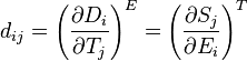 
d_{ij} = \left ( \frac{\partial D_i}{\partial T_j} \right )^E
 = \left ( \frac{\partial S_j}{\partial E_i} \right )^T
