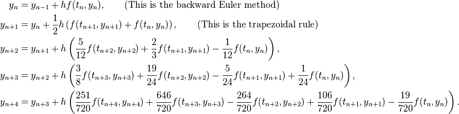  \begin{align}
y_n &= y_{n-1} + h f(t_n,y_n) , \qquad\text{(This is the backward Euler method)}\\
y_{n+1} &= y_n + \frac{1}{2} h \left( f(t_{n+1},y_{n+1}) + f(t_n,y_n) \right) , \qquad\text{(This is the trapezoidal rule)}\\
y_{n+2} &= y_{n+1} + h \left( \frac{5}{12} f(t_{n+2},y_{n+2}) + \frac{2}{3} f(t_{n+1},y_{n+1}) - \frac{1}{12} f(t_n,y_n) \right) , \\
y_{n+3} &= y_{n+2} + h \left( \frac{3}{8} f(t_{n+3},y_{n+3}) + \frac{19}{24} f(t_{n+2},y_{n+2}) - \frac{5}{24} f(t_{n+1},y_{n+1}) + \frac{1}{24} f(t_n,y_n) \right) , \\
y_{n+4} &= y_{n+3} + h \left( \frac{251}{720} f(t_{n+4},y_{n+4}) + \frac{646}{720} f(t_{n+3},y_{n+3}) - \frac{264}{720} f(t_{n+2},y_{n+2}) + \frac{106}{720} f(t_{n+1},y_{n+1}) - \frac{19}{720} f(t_n,y_n) \right) .
\end{align} 