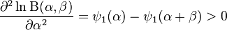 \frac{\part^2\ln \Beta(\alpha,\beta)}{\partial \alpha^2} = \psi_1(\alpha)-\psi_1(\alpha + \beta) > 0