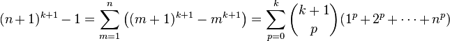 (n+1)^{k+1} - 1 = \sum_{m = 1}^n \left((m+1)^{k+1} - m^{k+1}\right) = \sum_{p = 0}^k \binom{k+1}{p} (1^p+2^p+ \dots + n^p)