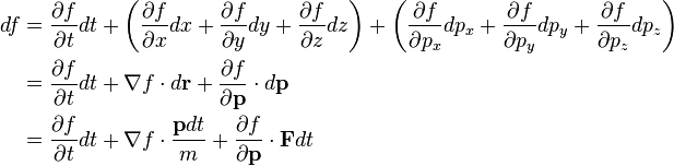 \begin{align}
d f & = \frac{\partial f}{\partial t}dt 
+\left(\frac{\partial f}{\partial x}dx
+\frac{\partial f}{\partial y}dy
+\frac{\partial f}{\partial z}dz
\right)
+\left(\frac{\partial f}{\partial p_x}dp_x
+\frac{\partial f}{\partial p_y}dp_y
+\frac{\partial f}{\partial p_z}dp_z
\right)\\
& = \frac{\partial f}{\partial t}dt +\nabla f \cdot d\mathbf{r} + \frac{\partial f}{\partial \mathbf{p}}\cdot d\mathbf{p} \\
& = \frac{\partial f}{\partial t}dt +\nabla f \cdot \frac{\mathbf{p}dt}{m} + \frac{\partial f}{\partial \mathbf{p}}\cdot \mathbf{F}dt
\end{align}