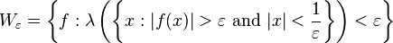 W_\varepsilon = \left\{ f : \lambda \left(\left\{ x : |f(x)| > \varepsilon \text{ and } |x| < \frac{1}{\varepsilon}\right\} \right) < \varepsilon \right\}