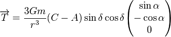 \overrightarrow{T} = \frac{3Gm}{r^3}(C-A)\sin\delta\cos\delta\begin{pmatrix}\sin\alpha\\-\cos\alpha\\0\end{pmatrix}