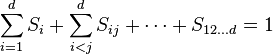  \sum_{i=1}^d S_i + \sum_{i<j}^{d} S_{ij} + \cdots + S_{12 \dots d} = 1 