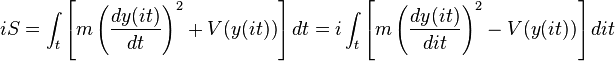 iS = \int_t \left[ m \left(\frac{dy(it)}{dt}\right)^2 + V(y(it)) \right] dt = i \int_t \left[ m \left(\frac{dy(it)}{dit}\right)^2 - V(y(it)) \right] dit