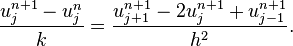  \frac{u_{j}^{n+1} - u_{j}^{n}}{k} =\frac{u_{j+1}^{n+1} - 2u_{j}^{n+1} + u_{j-1}^{n+1}}{h^2}. \, 