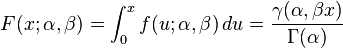  F(x;\alpha,\beta) = \int_0^x f(u;\alpha,\beta)\,du= \frac{\gamma(\alpha, \beta x)}{\Gamma(\alpha)}