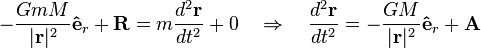  - \frac{GmM}{|\mathbf{r}|^2} \mathbf{\hat{e}}_r + \mathbf{R} = m\frac{d^2 \mathbf{r}}{d t^2} + 0 \quad \Rightarrow \quad \frac{d^2 \mathbf{r}}{d t^2} = - \frac{GM}{|\mathbf{r}|^2} \mathbf{\hat{e}}_r + \mathbf{A} \,\!