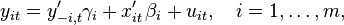 
     y_{it} = y_{-i,t}'\gamma_i + x_{it}'\;\!\beta_i + u_{it}, \quad i=1,\ldots,m,
  