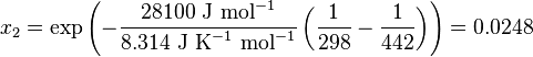  x_2  = \exp {\left(- \frac {28100 \mbox{ J mol}^{-1}} {8.314 \mbox{ J K}^{-1} \mbox{ mol}^{-1}}\left(\frac{1}{298}- \frac{1}{442}\right)\right)}= 0.0248 