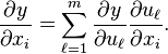 \frac{\partial y}{\partial x_i} = \sum_{\ell = 1}^m \frac{\partial y}{\partial u_\ell} \frac{\partial u_\ell}{\partial x_i}.