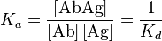 
K_{a} = \frac{\left[ \text{AbAg} \right]}{\left[ \text{Ab} \right] \left[ \text{Ag} \right]} = \frac{1}{K_{d}} 
