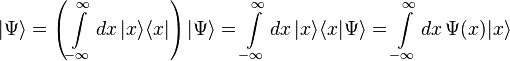  | \Psi \rangle = \left(\int\limits _{-\infty}^{\infty} d x \, | x \rangle \langle x |\right)| \Psi \rangle = \int\limits _{-\infty}^{\infty} d x \, | x \rangle \langle x | \Psi \rangle = \int\limits _{-\infty}^{\infty} d x \, \Psi (x) | x \rangle 