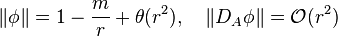  \left\| \phi \right\| = 1- \frac{m}{r} + \theta(r^2), \quad \left\| D_A \phi \right\| = \mathcal{O} (r^2)