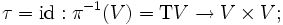 \tau = \mathrm{id} : \pi^{-1} (V) = \mathrm{T} V \to V \times V;