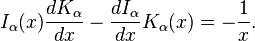 I_\alpha(x) \frac{dK_\alpha}{dx} - \frac{dI_\alpha}{dx} K_\alpha(x) = -\frac{1}{x}.\!