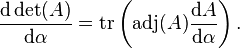 \frac{\mathrm{d} \det(A)}{\mathrm{d} \alpha} = \operatorname{tr}\left(\operatorname{adj}(A) \frac{\mathrm{d} A}{\mathrm{d} \alpha}\right).