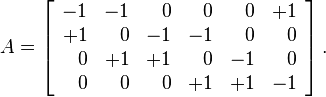 A=\left[{\begin{array}{rrrrrr}-1&-1&0&0&0&+1\\+1&0&-1&-1&0&0\\0&+1&+1&0&-1&0\\0&0&0&+1&+1&-1\end{array}}\right].