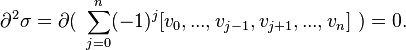 \partial^2\sigma = \partial ( ~ \sum_{j=0}^n 
(-1)^j [v_0,...,v_{j-1},v_{j+1},...,v_n]~ ) =0. 