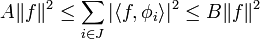 A\|f\|^2\leq\sum_{i\in J}|\langle f, \phi_i \rangle|^2\leq B\|f\|^2