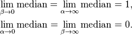  \begin{align}
\lim_{\beta \to  0} \text{median}= \lim_{\alpha \to \infty} \text{median} = 1,\\
\lim_{\alpha\to  0} \text{median}= \lim_{\beta \to  \infty} \text{median} = 0.
\end{align}