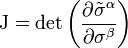  \mathrm{J} = \mathrm{det} \left( \frac{\partial \tilde{\sigma}^\alpha}{\partial \sigma^\beta} \right) 