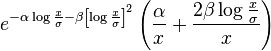 e^{-\alpha\log{\frac{x}{\sigma}}-\beta\left[\log{\frac{x}{\sigma}}\right]^2} \left(\frac{\alpha}{x}+\frac{2\beta\log{\frac{x}{\sigma}}}{x}\right) 