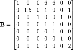 \mathbf{B} = \begin{bmatrix}
1 & 0 & 0 & 6 & 6 & 0 & 0 \\
0 & 1.5 & 0 & 1 & 0 & 0 & 1 \\
0 & 0 & 1 & 0 & 0 & 1 & 0 \\
0 & 0 & 0 & 1 & 1 & 0 & 0 \\
0 & 0 & 0 & 0 & 1 & 0 & 0 \\
0 & 0 & 0 & 0 & 0 & 1 & 0 \\
0 & 0 & 0 & 0 & 0 & 0 & 2 \end{bmatrix}


