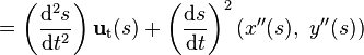  = \left(\frac{\mathrm{d}^2s}{\mathrm{d}t^2}\right)\mathbf{u}_\mathrm{t}(s) + \left(\frac{\mathrm{d}s}{\mathrm{d}t}\right) ^2 \left(x''(s),\ y''(s) \right) 