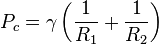  P_c=\gamma\left (\frac{1}{R_1}+\frac{1}{R_2}\right)\!