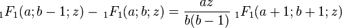  \; {}_1F_1(a;b-1;z)- \, {}_1F_1(a;b;z) = \frac{az}{b(b-1)} \; {}_1F_1(a+1;b+1;z)