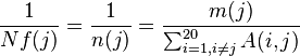 \frac{1}{Nf(j)} = \frac{1}{n(j)} = \frac{m(j)}{\sum_{i=1, i\neq j}^{20}A(i,j)}